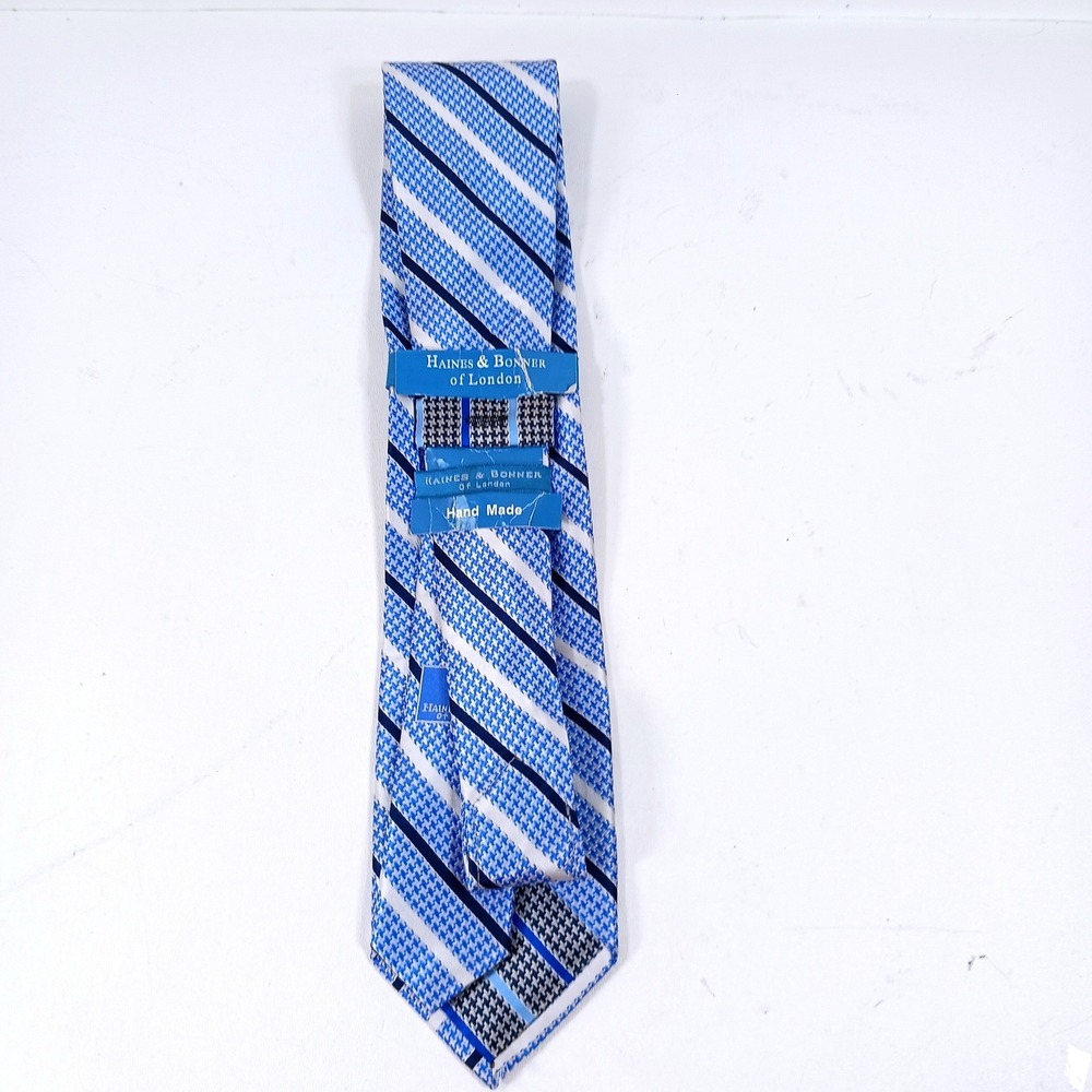 Haines & Bonner London Silk Tie Blue White Houndstooth Striped Handmade Necktie